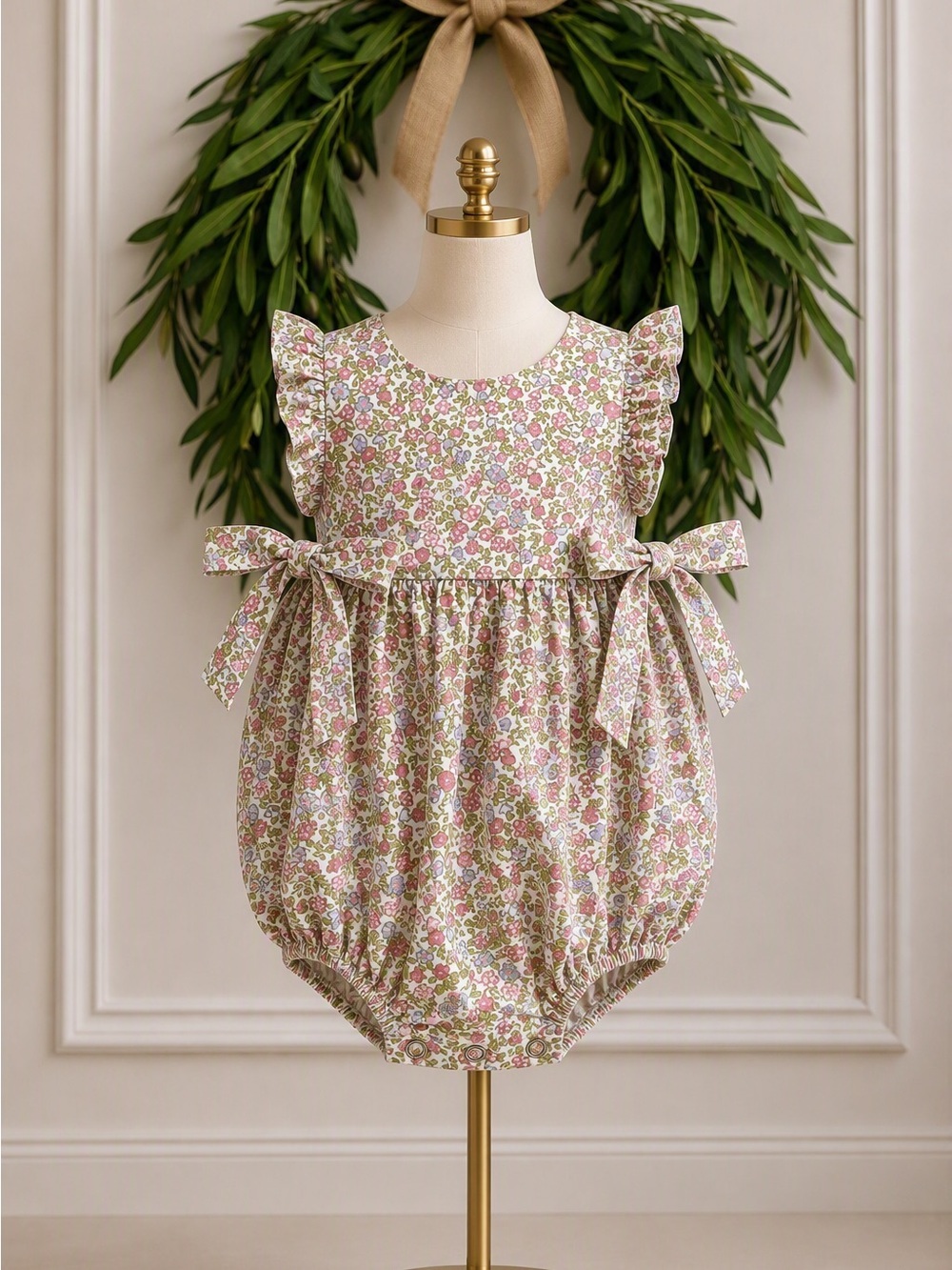 Bella Bliss Pink Green Lavender Floral Bubble One Piece Bows 3 Months